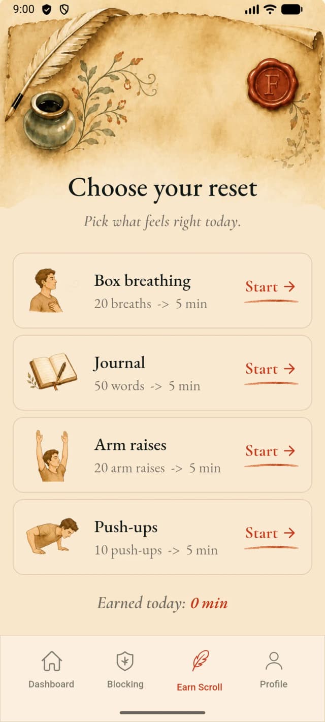 FreeInFive Hard Block — 10 push-ups for 5 minutes of scroll.