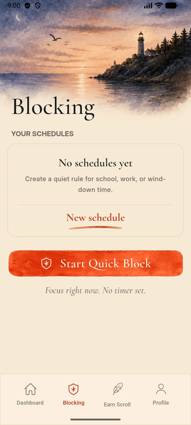 FreeInFive Scheduled Blocks — Auto-lock at the times you choose.