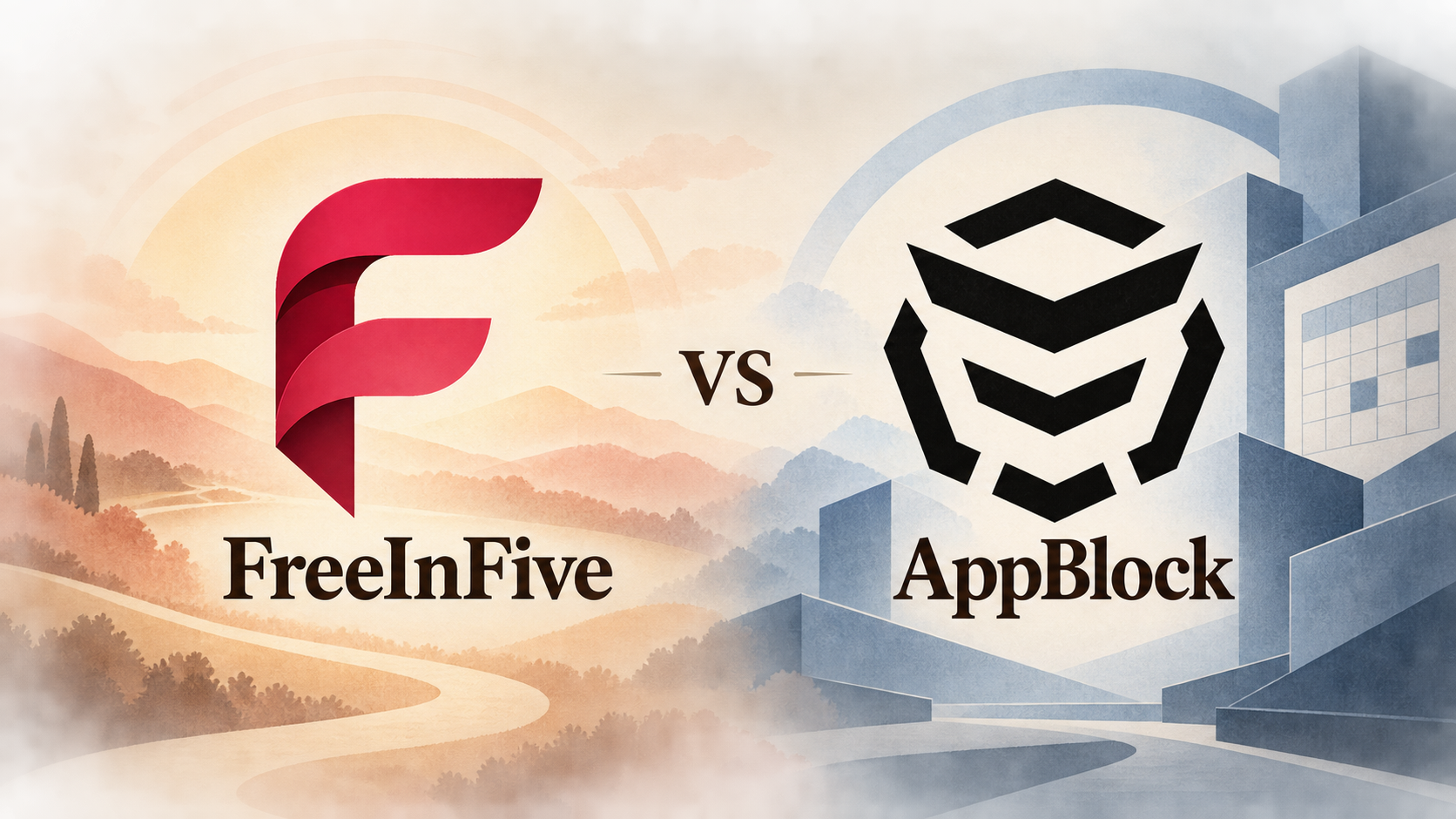 FreeInFive and AppBlock logos compared through mindful friction and strict digital boundaries.