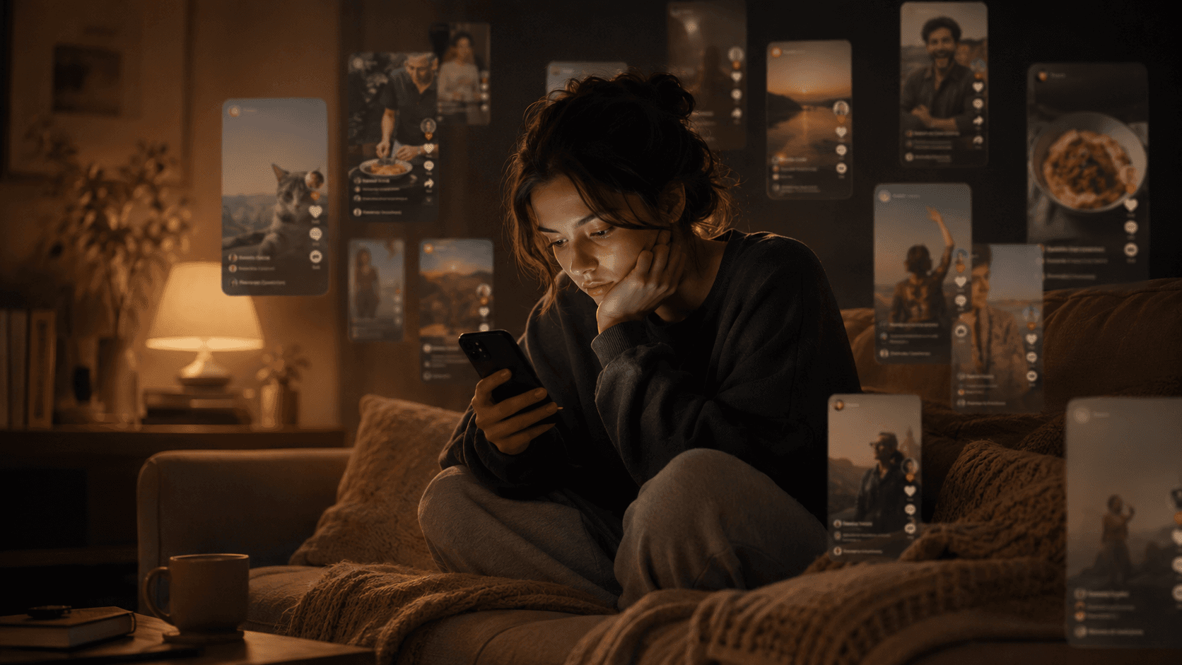 A tired young woman scrolls short-form videos on her phone while multiple blurred video clips surround her in a warm, dimly lit room.