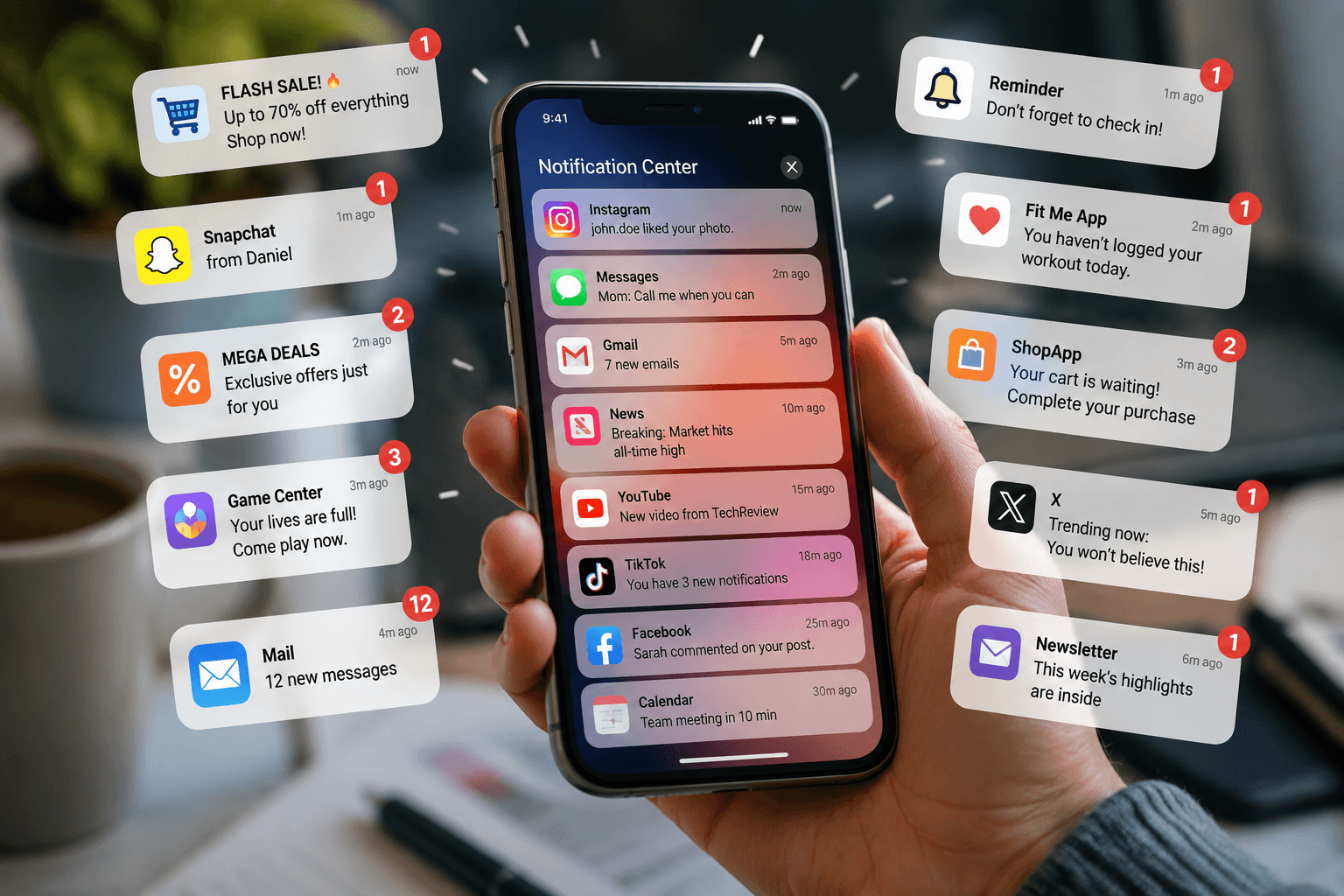 A hand holds a smartphone surrounded by numerous social media, shopping, email, news and reminder notifications.