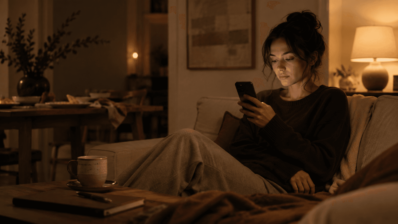 A young woman scrolls on her phone in a warmly lit living room while tea and unfinished dinner remain nearby.