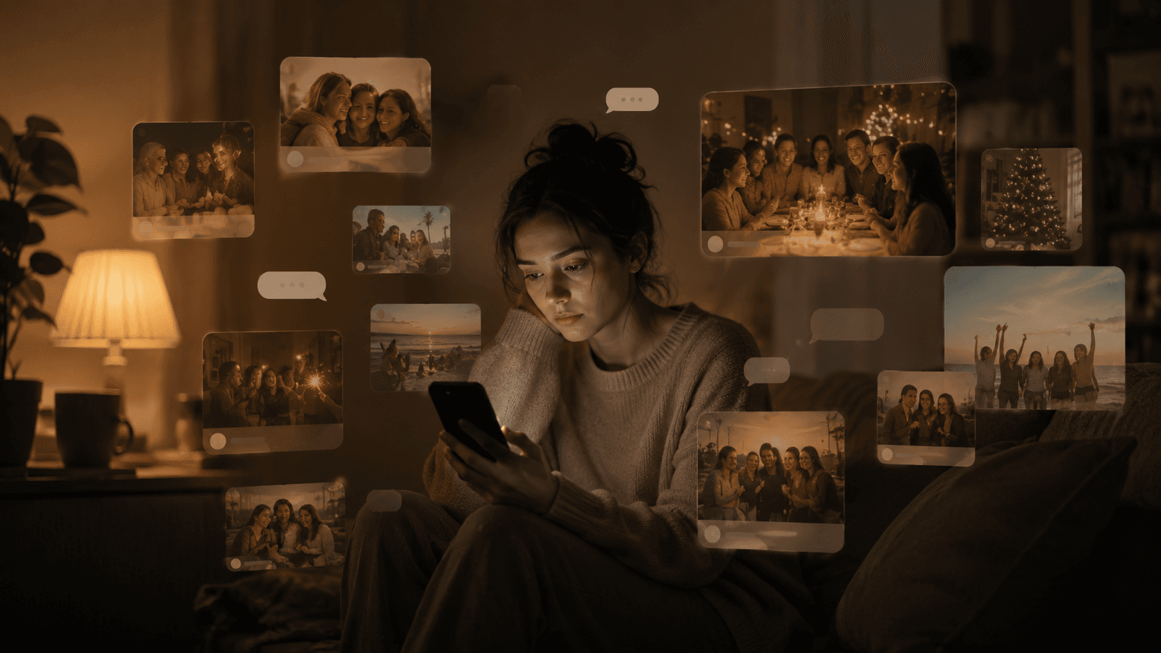 A person sees many social moments online while sitting alone with a quiet inbox.