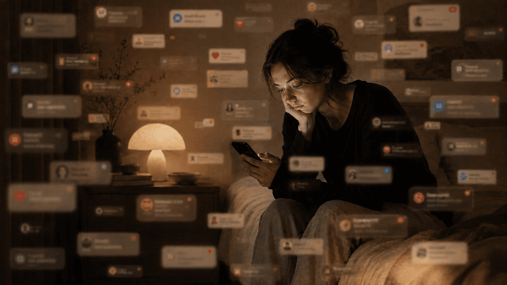 A woman overwhelmed by social media notifications continues scrolling late at night.