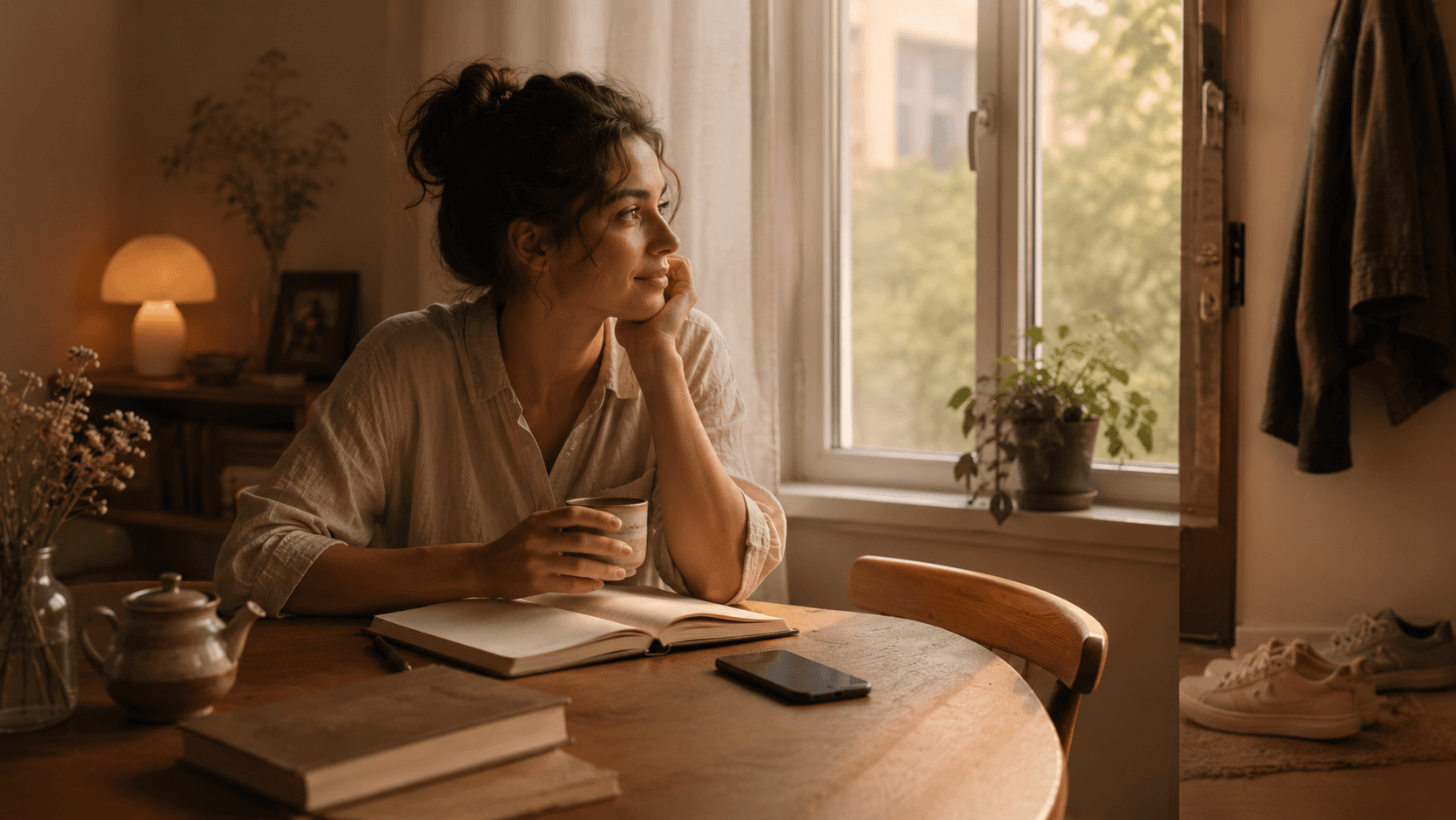 A woman sits by a window with tea and an open book while her phone lies untouched on the table, conveying a calm pause from scrolling and a quieter offline moment.