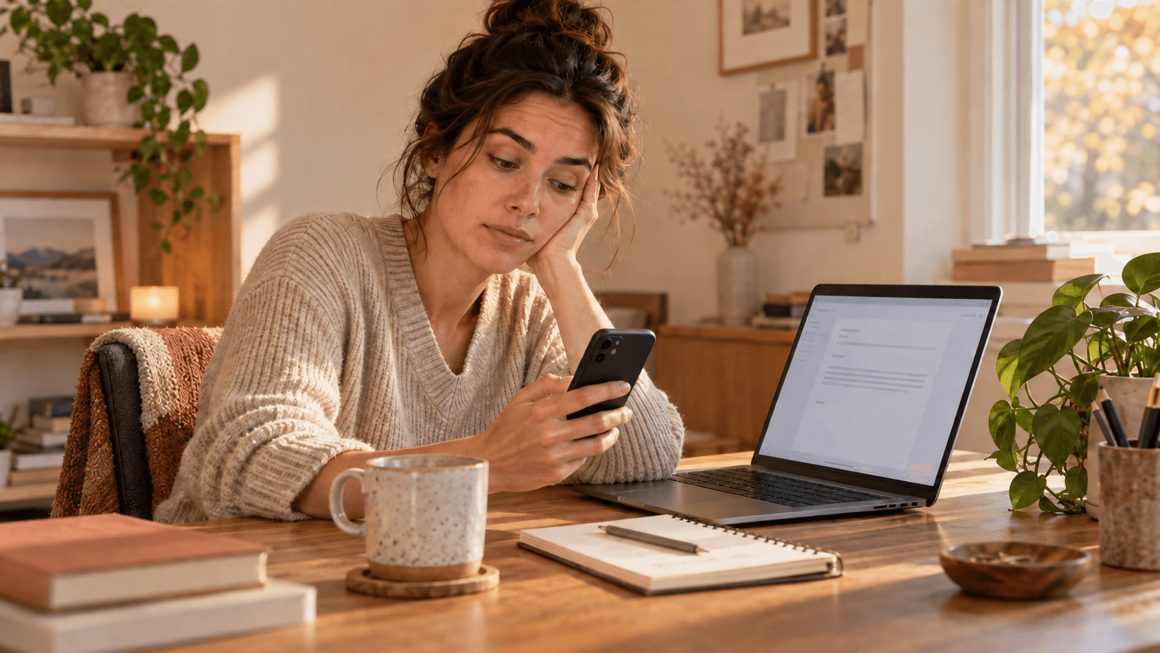A worker notices that a phone detour interrupted a half-written email.